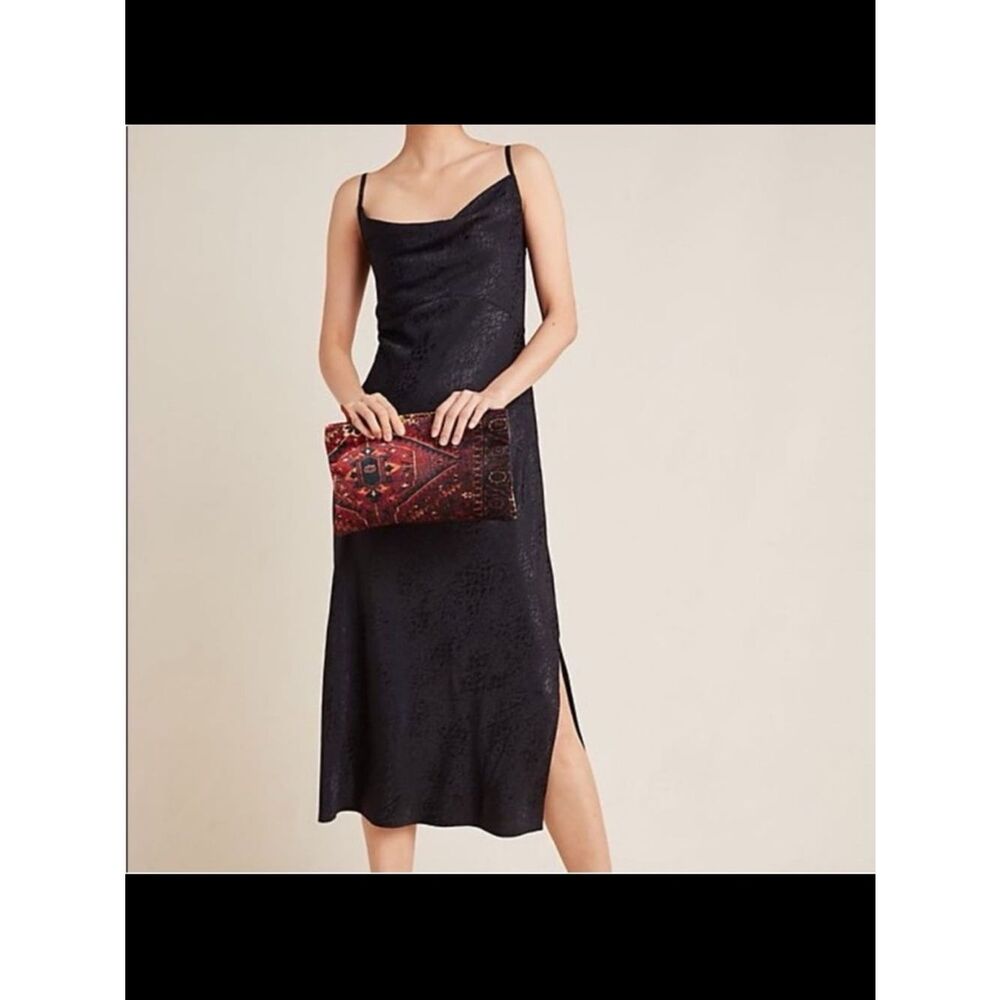 Anthropologie Black Satin Jacquard Slip Midi Dress Cowl Neck Side Slit Strappy 6
